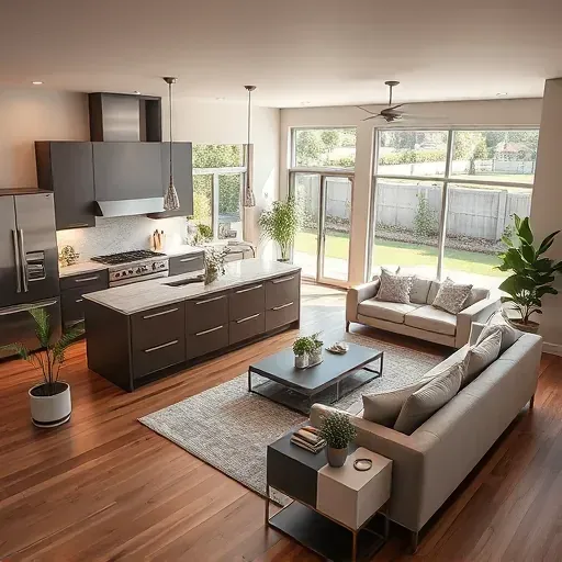 Completed home remodel in Devore CA featuring modern kitchen and living area with sleek cabinetry, natural light, and stylish furnishings.