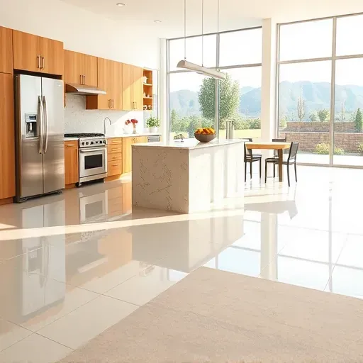 Beautiful finished modern kitchen with polished ceramic tile flooring, stainless steel appliances, marble island, and mountain view