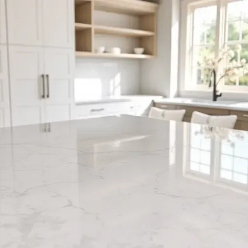 Freshly installed quartz countertop in modern Mentone CA kitchen with polished surface, subtle veining, and stylish cabinetry