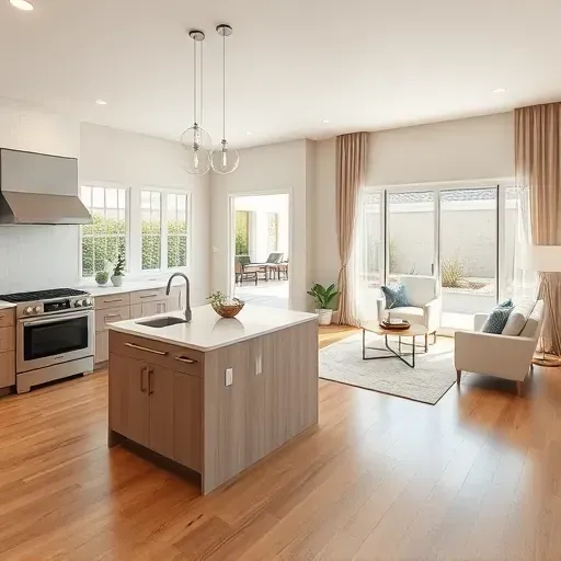 Modern kitchen and living area in Chino Hills featuring sleek appliances, quartz countertops, and natural light.