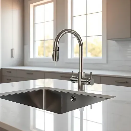 Freshly installed modern stainless steel kitchen faucet on sleek sink with marble countertop in contemporary bright kitchen