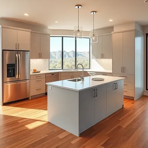 Completed modern Mentone CA kitchen with sleek cabinetry, stainless appliances, quartz countertops, and desert mountain view