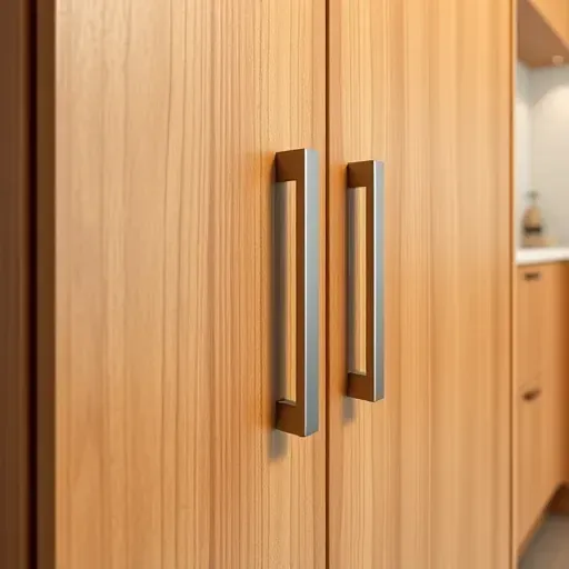 Close-up of stainless steel cabinet handles on warm wooden kitchen cabinets in a modern Mentone California kitchen with natural light
