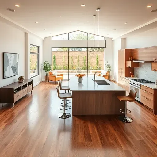 Stunning open-concept living space in Redlands CA with modern furnishings, kitchen island, and landscaped garden view.