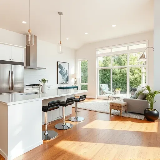 Renovated living space in Hemet CA with modern kitchen, natural light, hardwood floors, and serene neighborhood views.