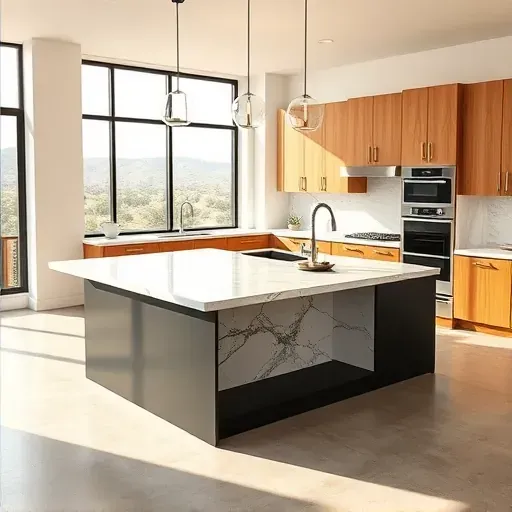 Modern black and marble kitchen island with stainless steel appliances, sleek cabinetry, and soft natural light in Mentone CA