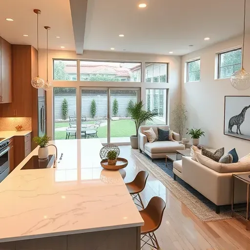 Modern kitchen and living space in Grandview CA featuring polished marble, high-end appliances, and inviting decor.