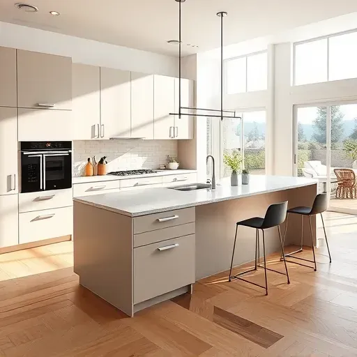 Completed open-concept modern kitchen in Mentone CA with matte cabinetry granite island hardwood floor daylight