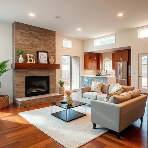 Inviting modern living room in Moreno Valley with elegant fireplace, plush sofa, and stylish kitchen, showcasing home remodeling.