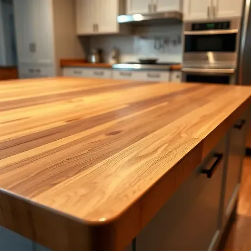 Close-up of a polished butcher block countertop with rich wood grain in a modern kitchen with neutral cabinets and sleek design
