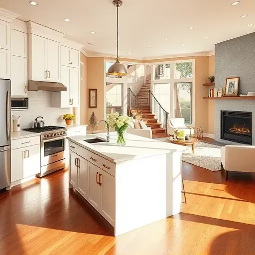 Completed Riverside home remodeling project featuring a modern kitchen with white cabinetry, gold hardware, and quartz island.