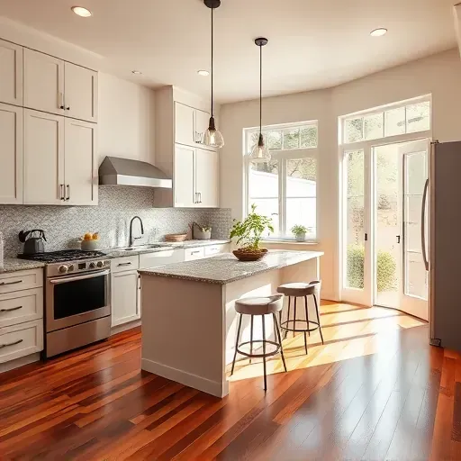 Beautifully renovated kitchen in Muscoy, CA featuring sleek cabinetry, polished granite, and warm hardwood floors.