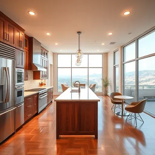 Modern kitchen in Mentone, CA showcases high-end appliances, rich cabinetry, stone countertops, and bright natural light.
