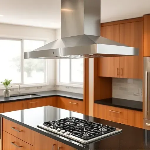 Meticulous stainless steel range hood installed above black granite countertop in modern Mentone CA kitchen with warm wood cabinetry