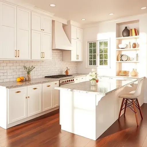 Renovated kitchen in Loma Linda CA with modern cabinetry, granite island, warm lighting, and stylish decor.