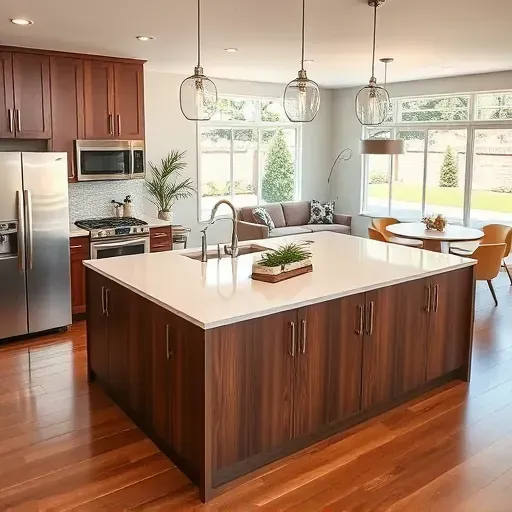 Modern Redlands kitchen remodel with stainless steel appliances, quartz counters, walnut cabinets, and natural light.