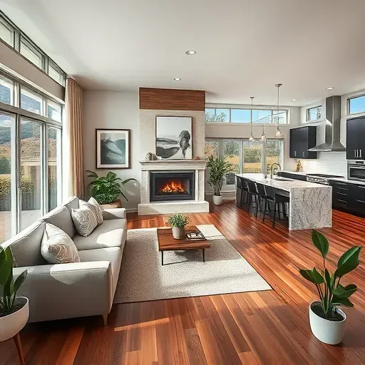 Modern living room in Riverside CA, featuring contemporary furniture, natural light, and an elegant fireplace.