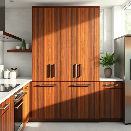 Freshly replaced custom wooden espresso cabinet in modern Mentone CA kitchen with marble countertops stainless steel appliances and natural sunlight