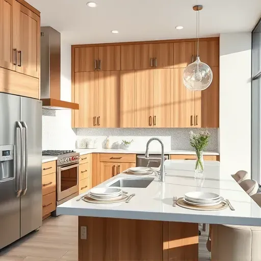 Stunning contemporary kitchen in Calimesa CA features high-end appliances, quartz countertops, and warm wooden cabinetry.