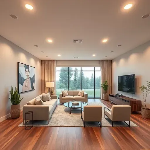 Modern upscale living room in Mentone CA with recessed LED lighting, stylish decor, wood flooring, and outdoor views