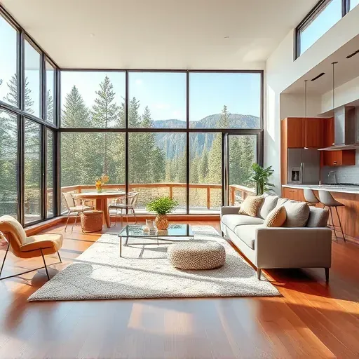 Modern Crestline CA living room with large windows, wood tones, and luxury decor, showcasing stunning mountain views.