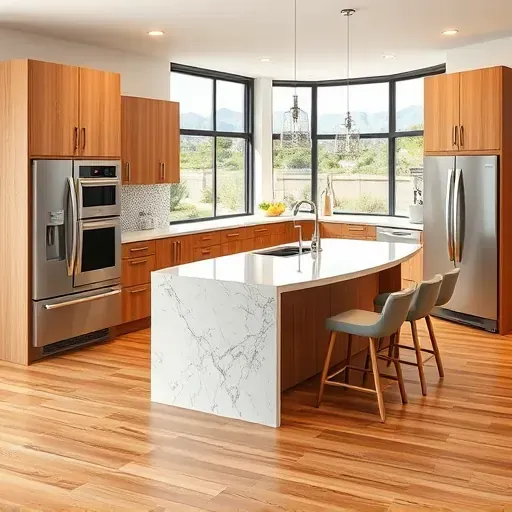 Renovated open-concept Mentone California kitchen with modern wood cabinetry quartz countertops island stainless steel appliances and lush backyard views