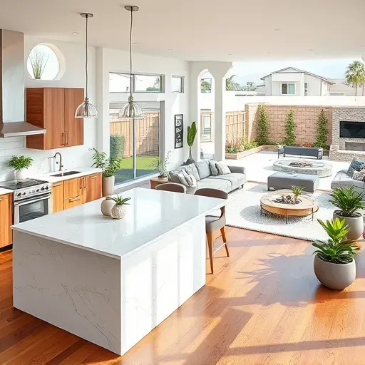 Stunning modern kitchen in Grand Terrace CA featuring quartz countertops, stainless steel appliances, and elegant decor