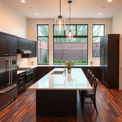 Modern kitchen remodel in Fontana CA with sleek cabinetry, spacious island, elegant countertops, and natural light.
