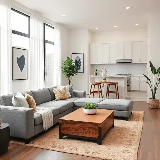 Contemporary living room in Calimesa, CA with modern furniture, large windows, and stylish design elements.