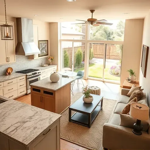 Renovated kitchen in Rialto CA features granite countertops, custom cabinetry, and stainless steel appliances, inviting living area.
