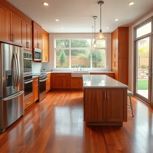 Renovated Mentone CA kitchen with modern wood cabinets stainless steel appliances quartz island hardwood floors natural light landscaped backyard