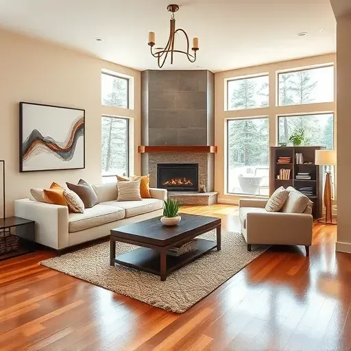 Home remodeling in Crestline, CA, featuring a cozy living room with modern design, large windows, and a fireplace.