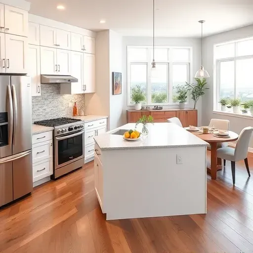 Modern remodeled kitchen in Mira Loma CA featuring white cabinets, quartz island, mosaic backsplash, and hardwood floors.