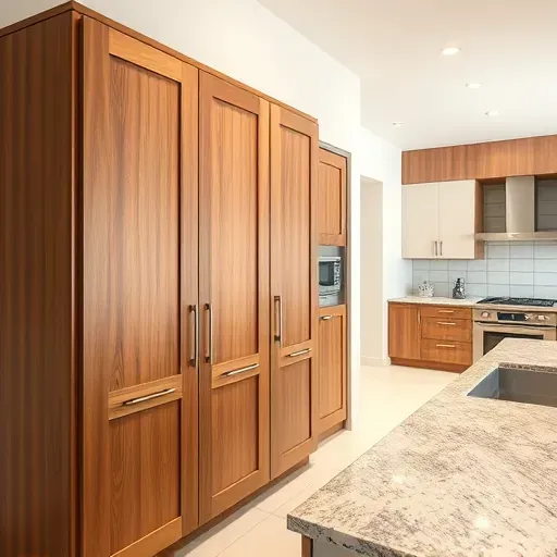 Renovated kitchen cabinets with polished wooden doors, granite countertops, modern appliances, and minimalist design in Mentone CA