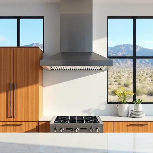 Modern sleek stainless steel range hood installed above a marble countertop in a stylish kitchen with wood cabinets and scenic outdoor view.