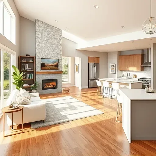 Completed home remodel in Highland Springs CA featuring modern living room, large windows, hardwood floors, and cozy decor.