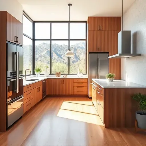 A remodeled kitchen in Mentone, CA featuring modern wood cabinetry, quartz countertops, and a matte-black farmhouse sink.