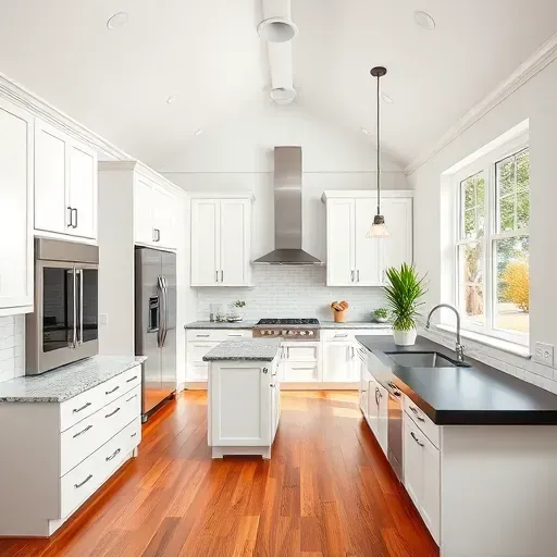 Modern kitchen with recessed LED lighting, white vaulted ceiling, granite countertops, stainless-steel appliances, and hardwood floors