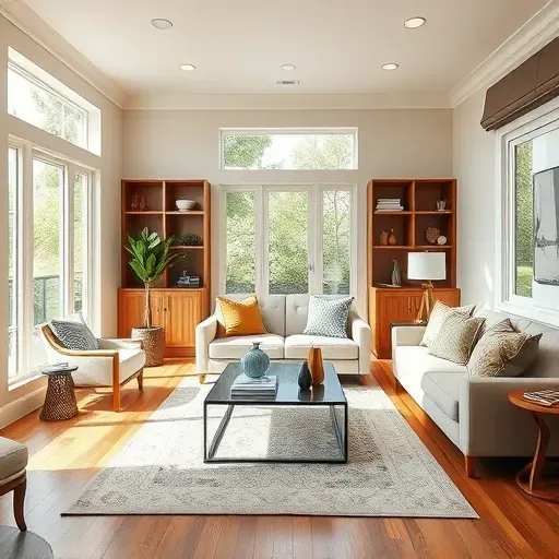 Beautifully remodeled living room in Oak Glen, CA with contemporary design, warm tones, and natural light features.