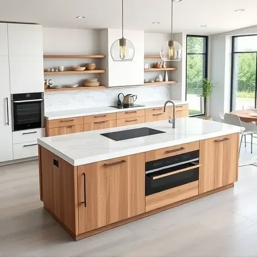Modern kitchen with marble countertops, wooden island, integrated appliances, pendant lighting, and natural light in Mentone California