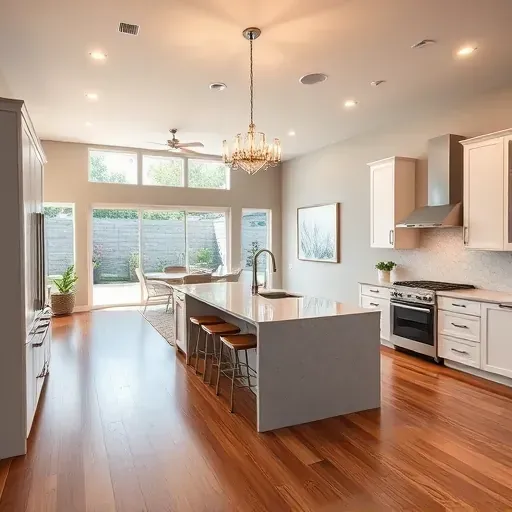 Modern kitchen and living area in San Bernardino featuring white cabinetry, quartz island, hardwood floors, and elegant decor.