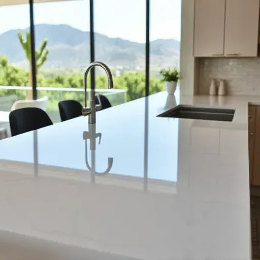 Finished quartz countertop in modern Mentone CA kitchen with polished surface, sleek edges, stainless fixtures, and natural light