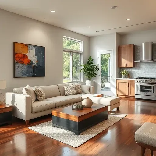 Modern San Bernardino living room remodel with beige sectional, hardwood floors, and stainless steel appliances.