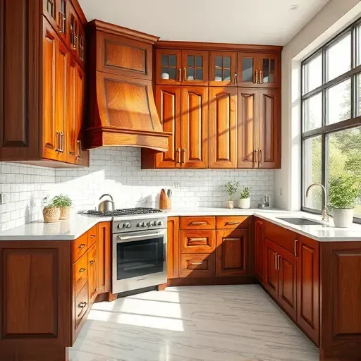 Custom kitchen cabinet in Mentone CA with polished wood finishes marble countertops modern hardware and natural light