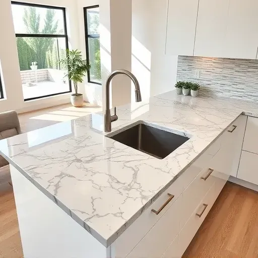Modern Mentone kitchen with polished gray and cream granite countertop, white cabinetry, stainless steel sink, and natural light