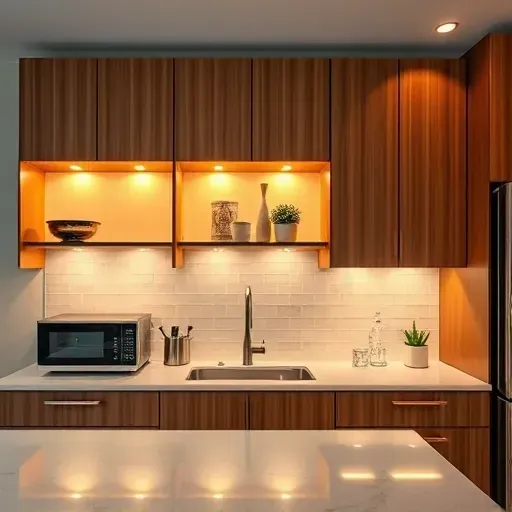 Bright modern Mentone kitchen with under cabinet LED lighting illuminating polished wooden cabinets and marble-patterned quartz countertops