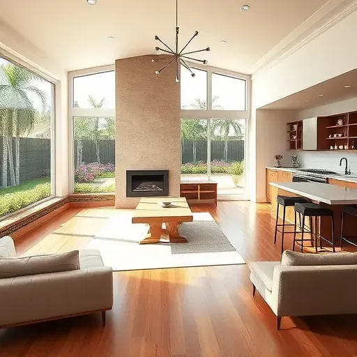 Spacious contemporary living room in Perris, CA with hardwood floors, large windows, and stylish decor elements.