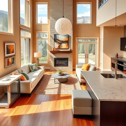 Beautifully remodeled living room in Lake Arrowhead, CA with modern furnishings, vibrant decor, and scenic lake views.