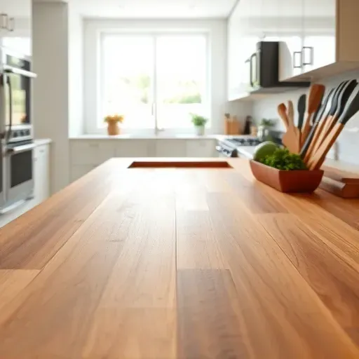 Freshly installed butcher block countertop with rich wood grains in a modern kitchen with white cabinetry, stainless steel appliances, and natural light