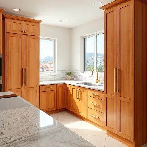 Beautiful renovated kitchen in Mentone CA with modern wood cabinets, granite countertops, neutral tile backsplash, and natural light